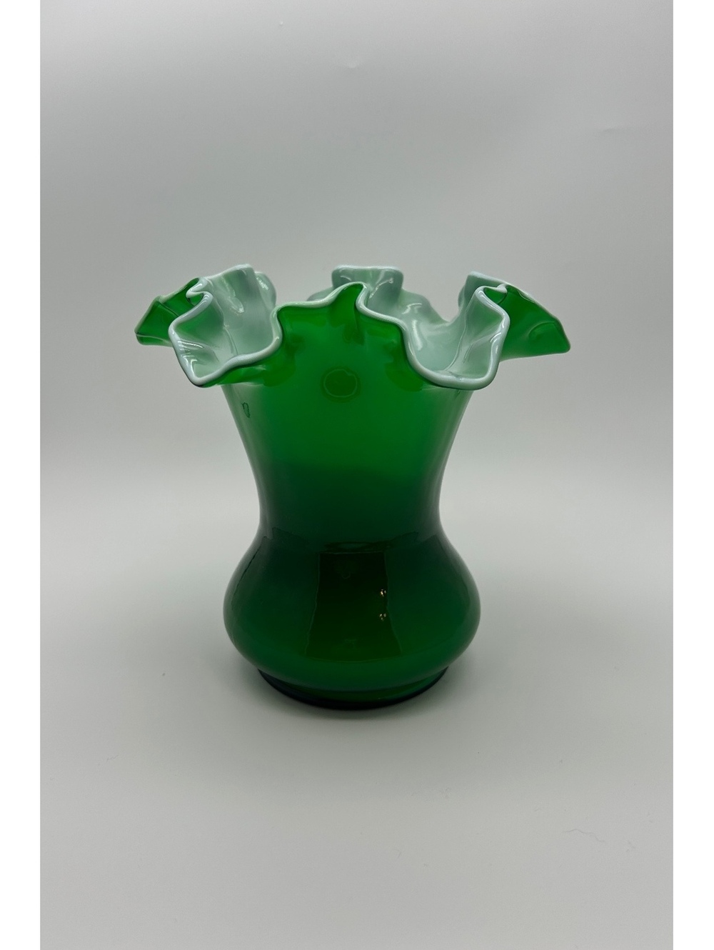 Fenton Ivy Green Cased Glass Vase Ruffled Edge